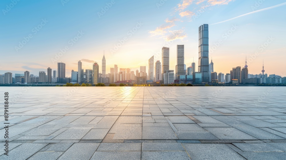 A wide view of a large, empty square in a modern Chinese city. Tall skyscrapers rise in the distance, with the sky still light from dawn A wide view of a large, empty square in a modern Chinese city. Tall skyscrapers rise in the distance, with the sky still light from dawn