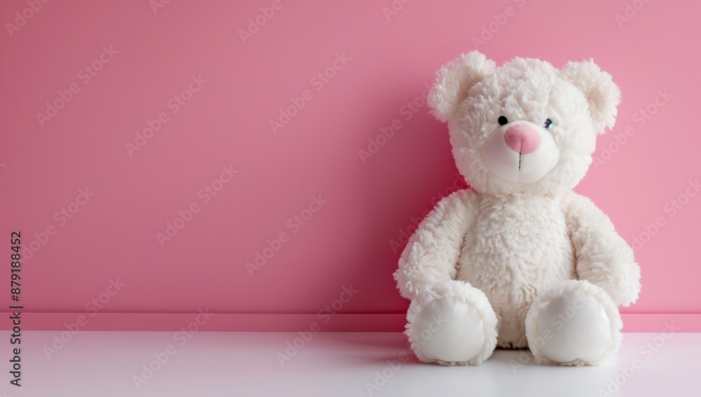 A simple white teddy bear on a white surface against a solid soft pink background, concept of innocence and new beginnings A simple white teddy bear on a white surface against a solid soft pink background, concept of innocence and new beginnings