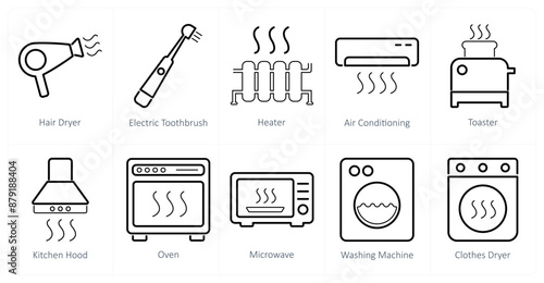 A set of 10 home appliances icons as hair dryer, electric toothbrush, heater