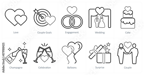 A set of 10 honeymoon icons as love, couple goals, engagement