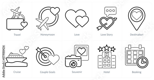 A set of 10 honeymoon icons as travel, honeymoon, love, love story