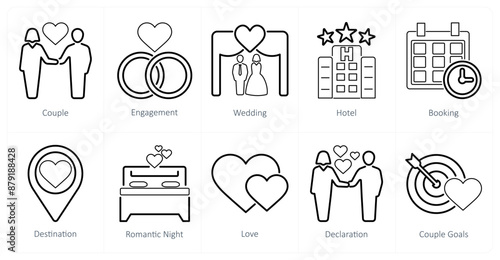 A set of 10 honeymoon icons as couple, engagement, wedding