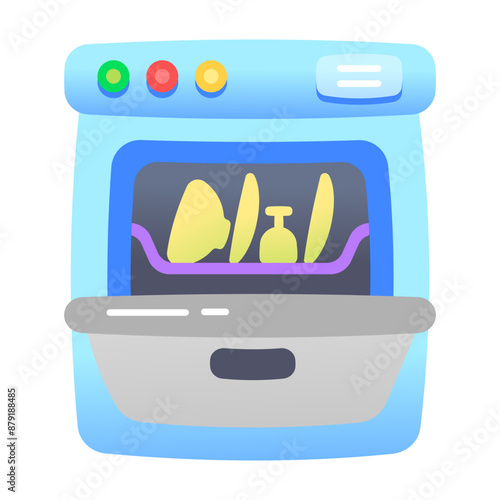 A dishwasher with crockery in it, flat icon 