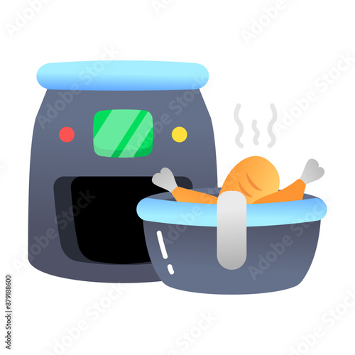 An air fryer with a bowl of food, flat icon 