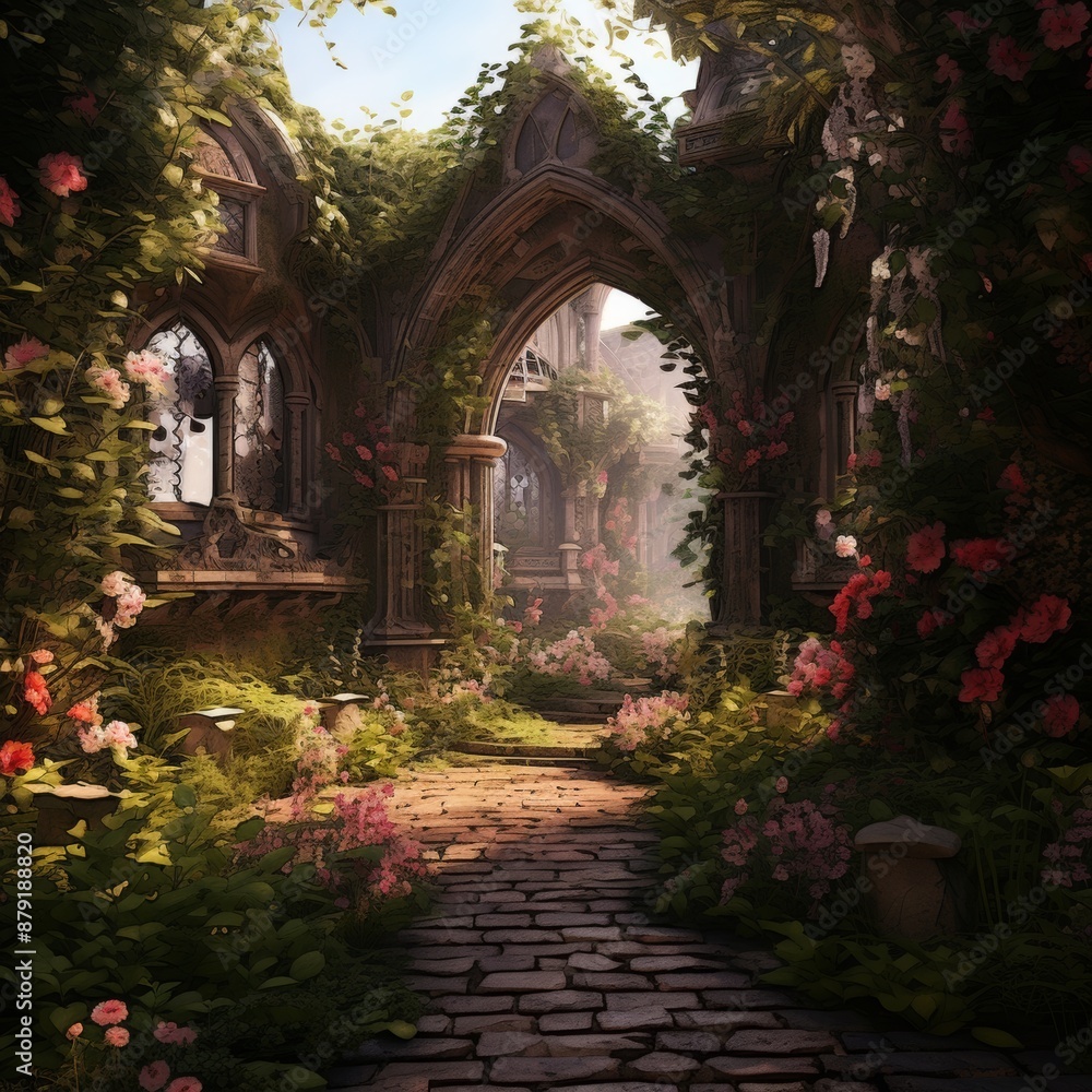 Fototapeta premium A beautiful and serene garden courtyard with stairs leading up to a fountain in the center. The courtyard is surrounded by lush greenery and flowers, creating a magical and enchanting atmosphere.