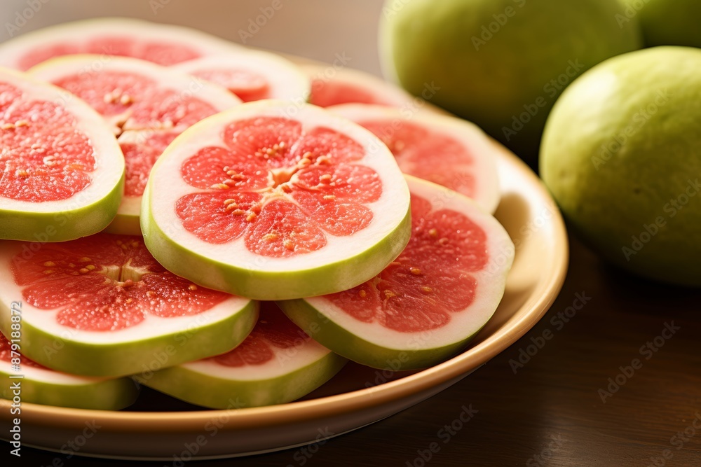Close-up of guava slices on a ceramic plate
Close-up of guava slices on a ceramic plate