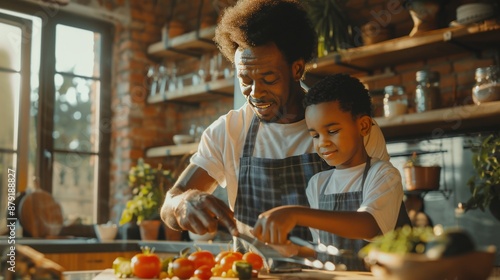 Father and Son Cooking Together in the Kitchen © caucul