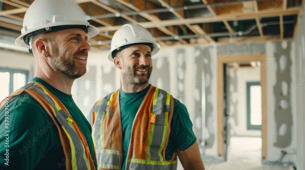 Two smiling construction workers in hard hats and safety vests at a building site, looking at ongoing construction work.