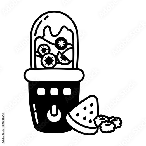 A glyph icon of a bullet blender with some fruit 