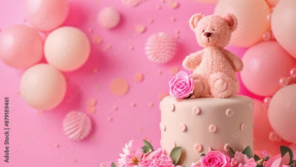 A white cake with pink polka dots, a teddy bear on top, and pink flowers sits on a pink background with balloons at baby shower. A white cake with pink polka dots, a teddy bear on top, and pink flowers sits on a pink background with balloons at baby shower.