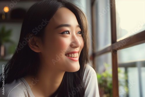 young asian woman looking out of the window smile