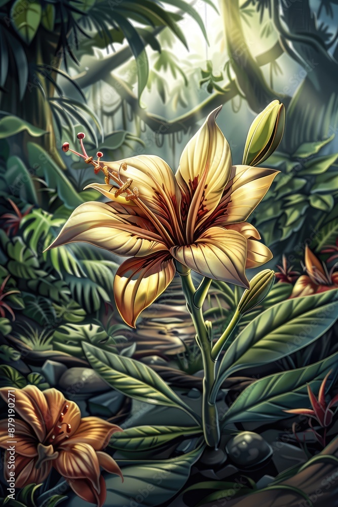 Fototapeta premium Vibrant orange lily flower in lush green jungle foliage with sunlight filtering through