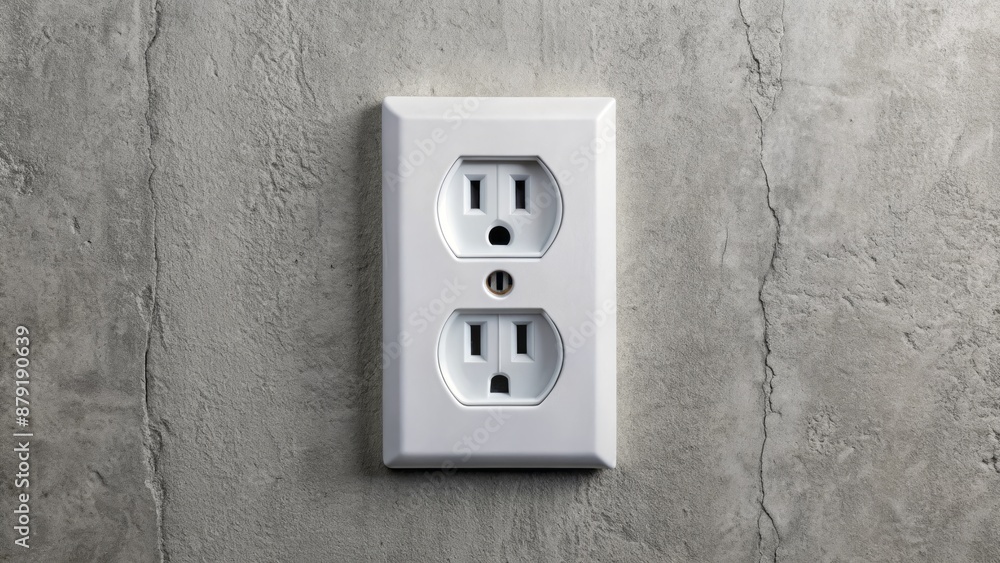 Isolated bright white double electrical outlet installed on a clean smooth light gray concrete wall background no shadows. Isolated bright white double electrical outlet installed on a clean smooth light gray concrete wall background no shadows.