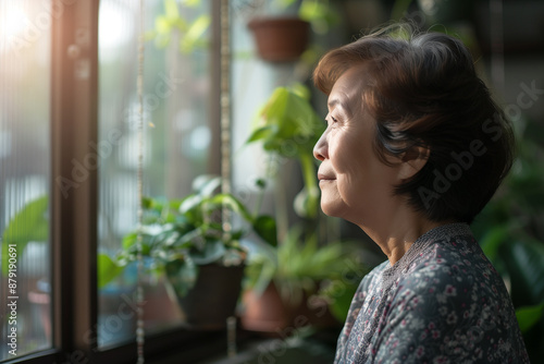 senior asian woman looking out of the window thinking