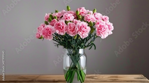 A bouquet of pink carnations sits in a clear glass vase on a wooden table