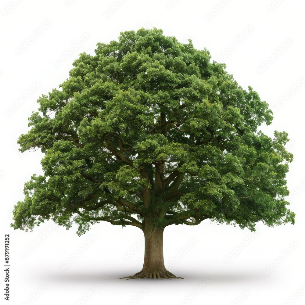 Fototapeta premium Majestic oak tree with lush green foliage, symbolizing strength and stability. Ideal for nature, environment, and outdoor themes.
