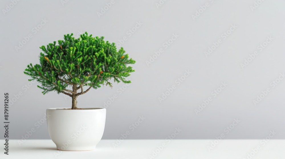Minimalist interior with a small green bonsai tree in a white pot, placed against a gray background. Perfect for modern decor inspiration. Minimalist interior with a small green bonsai tree in a white pot, placed against a gray background. Perfect for modern decor inspiration.