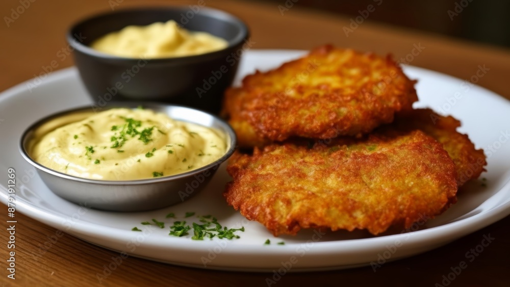 Delicious goldenbrown latkes with creamy dips perfect for a cozy meal Delicious goldenbrown latkes with creamy dips perfect for a cozy meal
