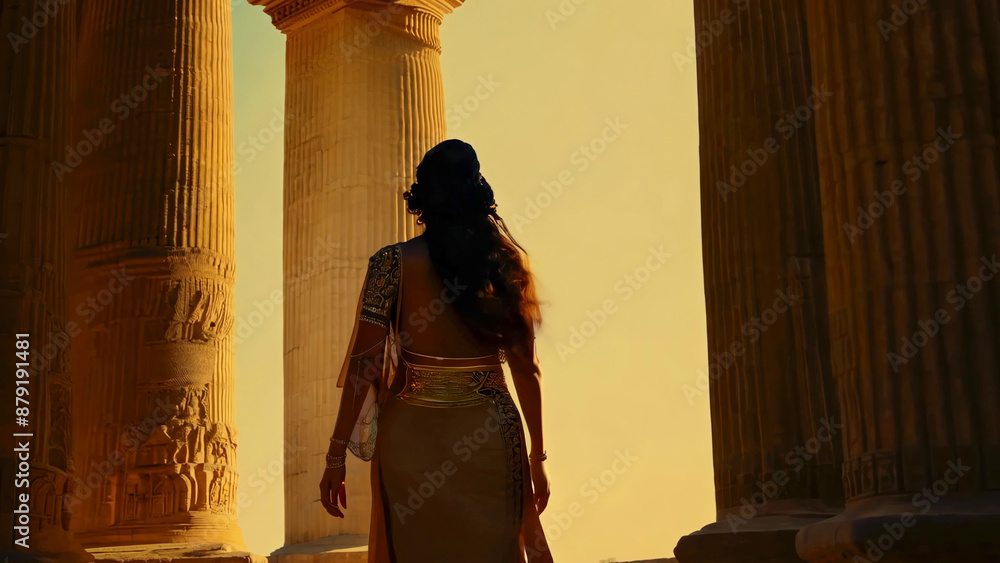 Beautiful woman in traditional Egyptian clothing in an ancient Egyptian temple.