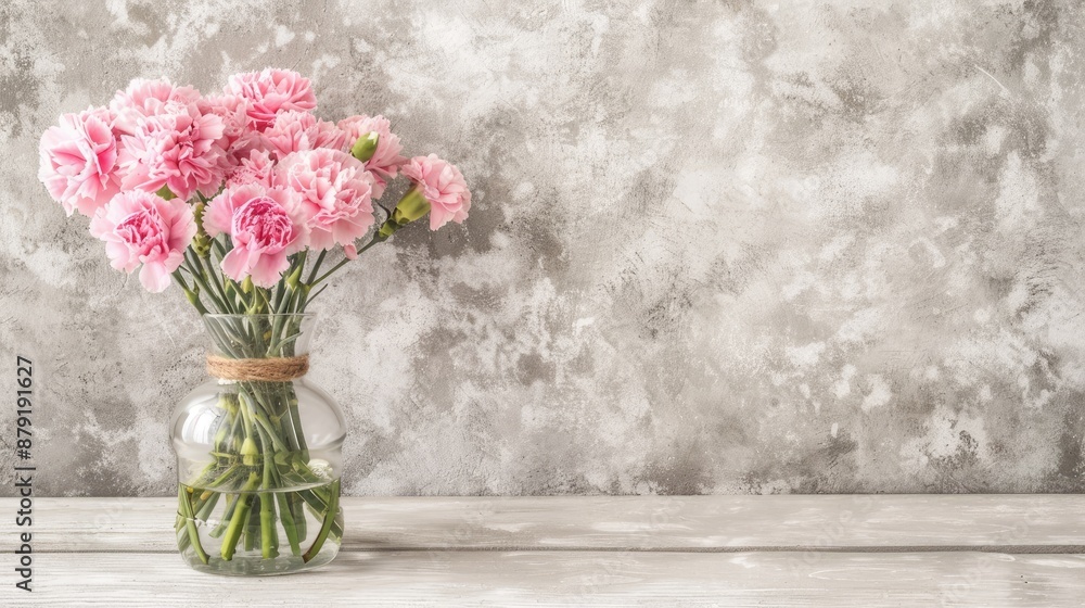 A bouquet of pink carnations sits in a clear glass vase on a light brown wooden table, against a gray background A bouquet of pink carnations sits in a clear glass vase on a light brown wooden table, against a gray background