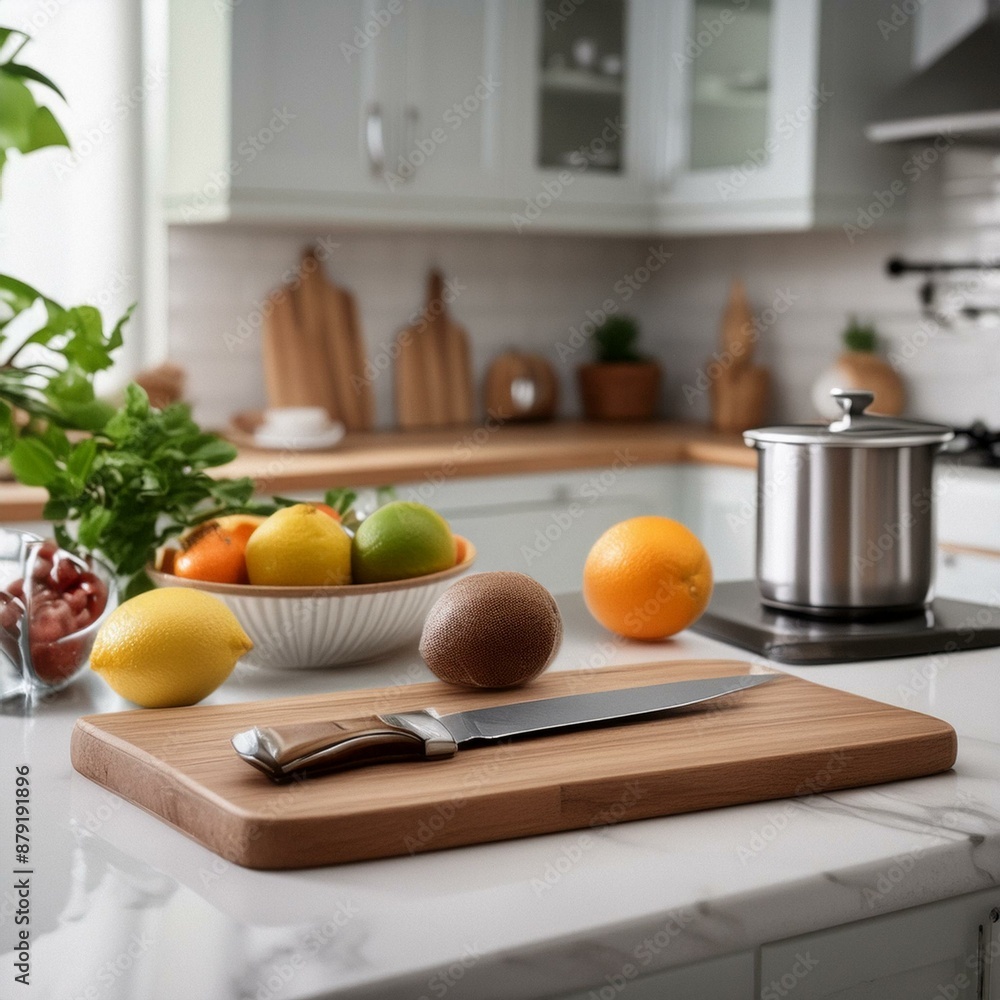 A kitchen counter with fresh fruits, a cutting board, and a knife. A kitchen counter with fresh fruits, a cutting board, and a knife.