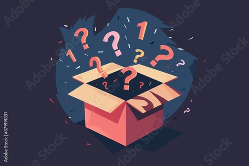  fun mystery box with question marks  and exclamation marks flying out of it, fun ,surprise box, logo, illustration	
 photo