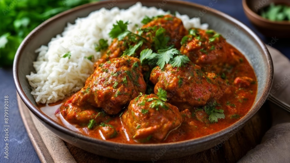 Delicious Indian cuisine Tandoori chicken with rice and herbs Delicious Indian cuisine Tandoori chicken with rice and herbs