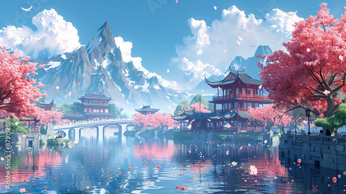 Chinese or Japanese background with nature and buildings in cartoon style. Generated by artificial intelligence
