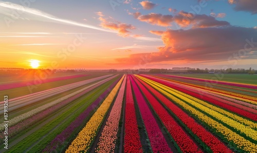 Drone view of colorful tulip fields, spring landscape.