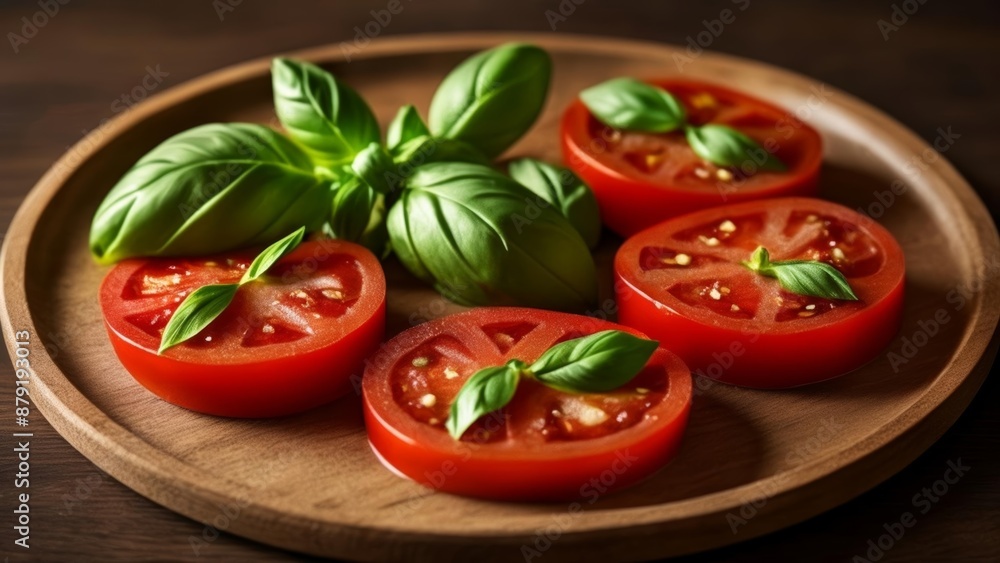 Freshly sliced tomatoes and basil leaves on a wooden plate Freshly sliced tomatoes and basil leaves on a wooden plate