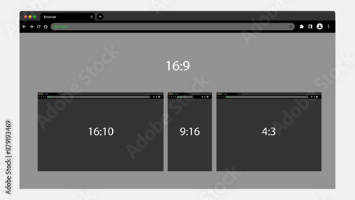 Dark Mode Browser Design Mockup. Laptop, Tablet, Smartphone Web UI. Vector.
