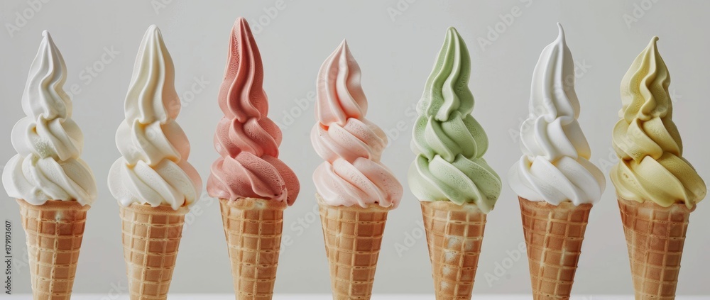 A variety of soft serve ice cream flavors to try, each beautifully swirled in a crisp cone. A variety of soft serve ice cream flavors to try, each beautifully swirled in a crisp cone.