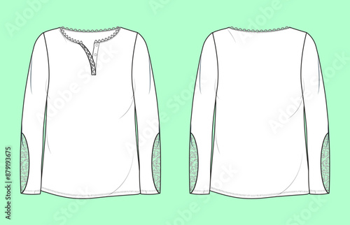 ladies nightwear henley long sleeve t-shirt fashion illustration flat sketch vector.