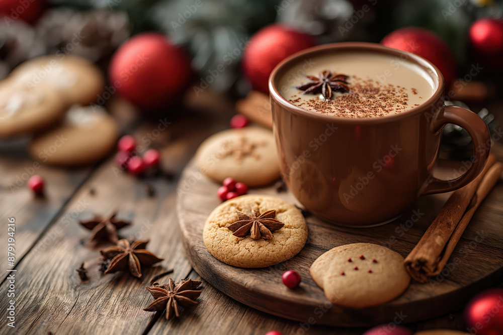 Steaming mug of hot chocolate with spices and christmas cookies on wooden table Steaming mug of hot chocolate with spices and christmas cookies on wooden table