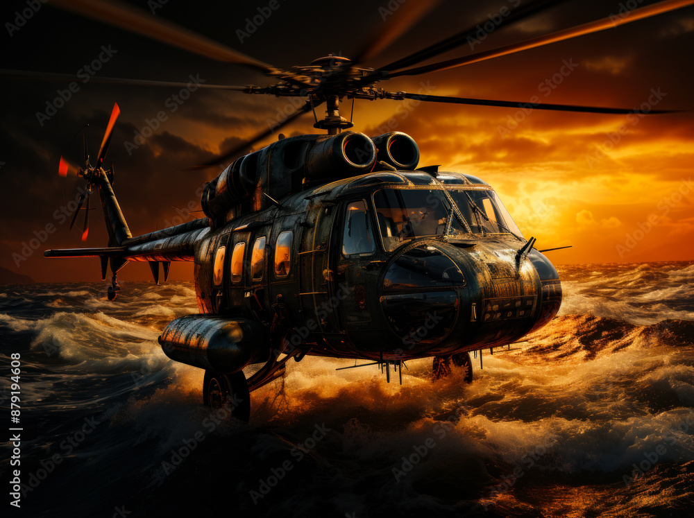 A helicopter is flying over the ocean with the sun setting in the background. Scene is serene and peaceful, as the helicopter is soaring above the calm waters A helicopter is flying over the ocean with the sun setting in the background. Scene is serene and peaceful, as the helicopter is soaring above the calm waters