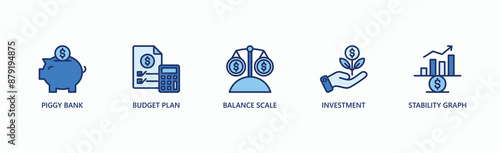Financial Management Banner Web Icon Vector Illustration Concept With Icon Of Piggy Bank, Budget Plan, Balance Scale, Investment, Stability Graph