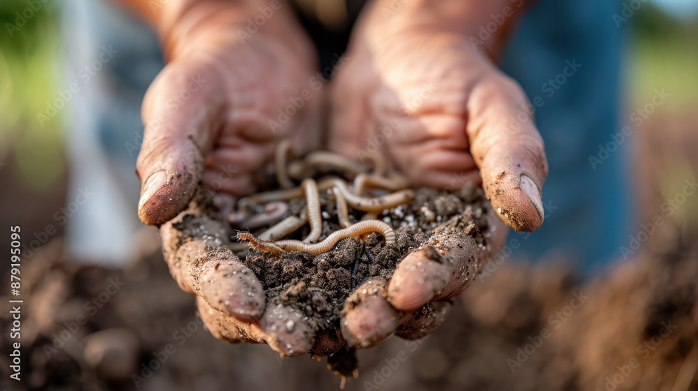 Close-up image of hands gently holding soil with earthworms, emphasizing the importance of agriculture, soil health, and the connection between humans and nature in farming. Close-up image of hands gently holding soil with earthworms, emphasizing the importance of agriculture, soil health, and the connection between humans and nature in farming.