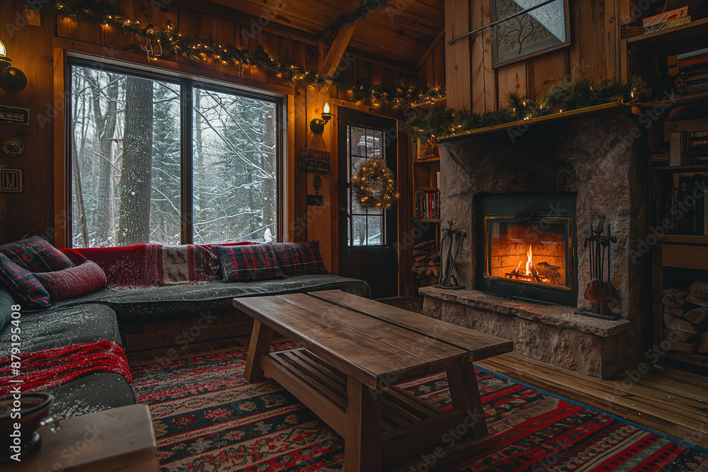 Fototapeta premium Cozy living room with fireplace burning on snowy winter day