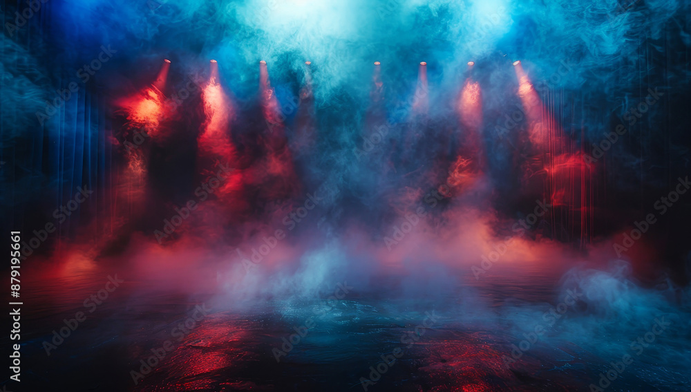 Fototapeta premium Large stage with dynamic blue and red lights amidst smoke in dramatic concert setting