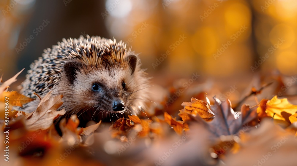Fototapeta premium A cute hedgehog exploring the forest floor during autumn, surrounded by colorful fallen leaves and warm sunlight creating a picturesque seasonal scene.