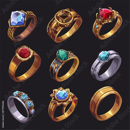 Set of 9 golden rings with gemstones, jewelry collection, precious stones, fashion accessory
