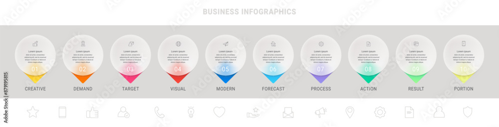 Infographic template with ten options, icons, or steps. Vector business modern concept with the arrow. Can be used for workflow layout, diagram, graphs, banner, webdesign.