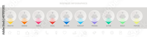 Infographic template with ten options, icons, or steps. Vector business modern concept with the arrow. Can be used for workflow layout, diagram, graphs, banner, webdesign.