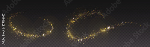 Magic gold dust trail with star shaped sparkles on dark transparent background. Realistic vector illustration of circle and wave path of shine glitter and shimmer particles. Can be used as png.