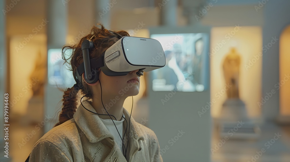 Young Woman Experiencing Virtual Reality in an Art Museum. Young Woman Experiencing Virtual Reality in an Art Museum.