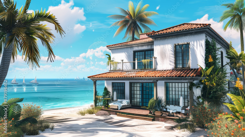 Fototapeta premium Serene beach house with stunning ocean views surrounded by tropical flora