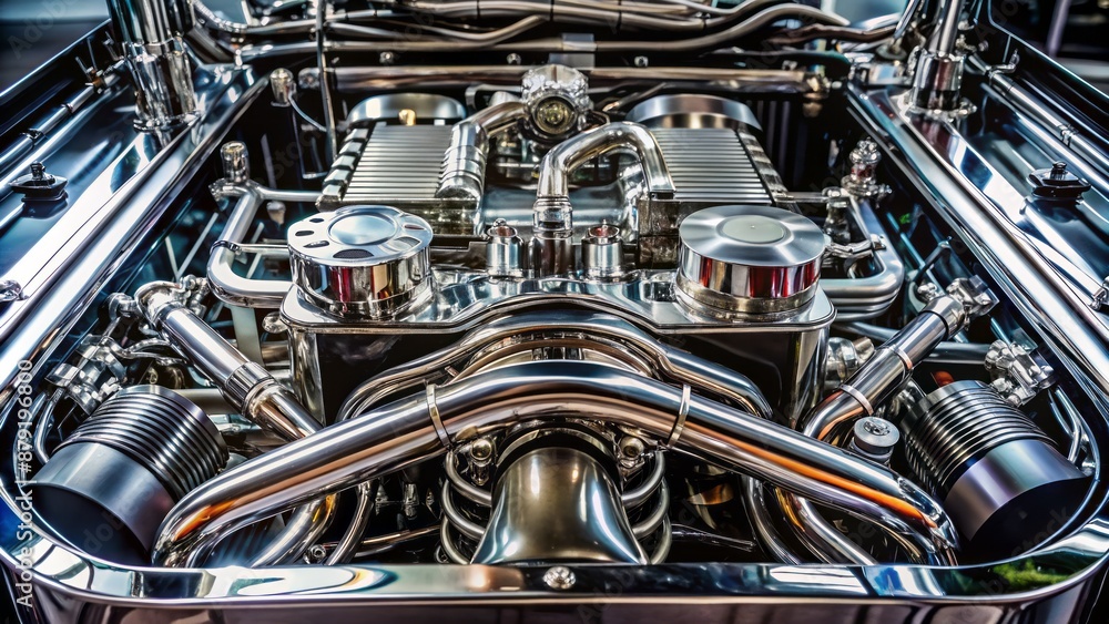 High-performance vehicle engine compartment showcasing complex network of tubes, wires, and mechanical components in sleek, modern design. High-performance vehicle engine compartment showcasing complex network of tubes, wires, and mechanical components in sleek, modern design.