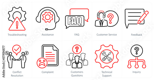 A set of 10 customer service icons as  troubleshooting, assistance, faq