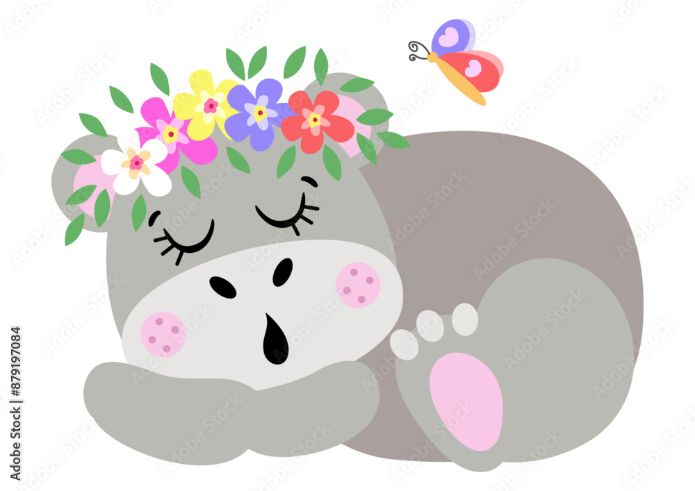 Cute hippo sleeping with wreath floral on head Cute hippo sleeping with wreath floral on head