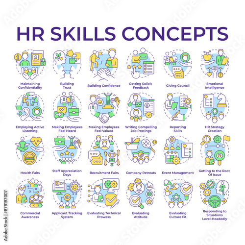 HR skills multi color concept icons. Conflict resolution. Employee relations. Team building. Talent hiring and attracting. Icon pack. Vector images. Round shape illustrations. Abstract idea